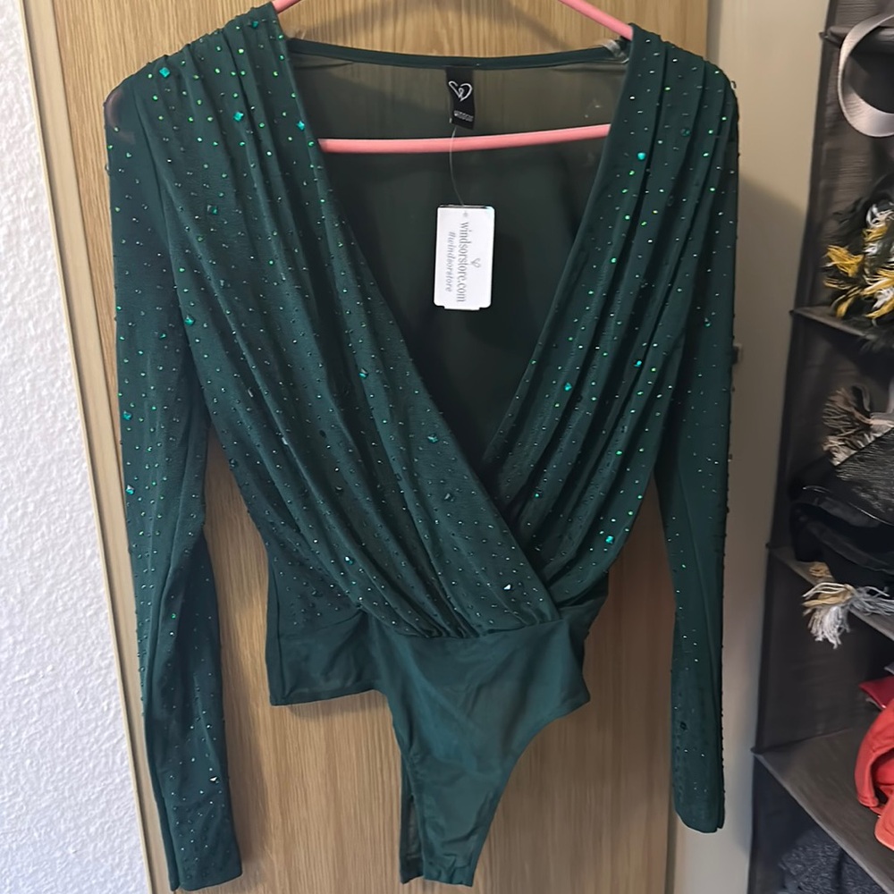 Windsor, size small, New with tag, sheer green rhinestone bodysuit